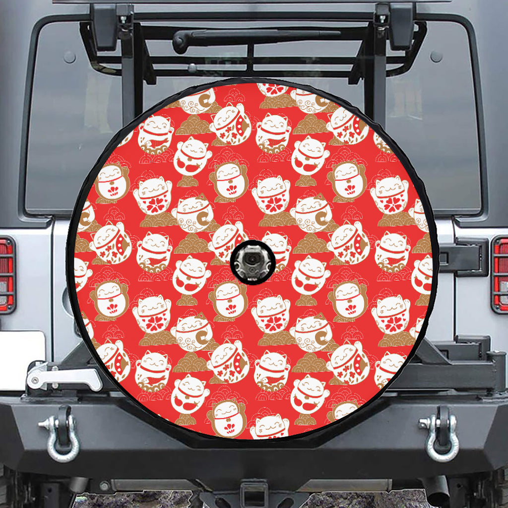 Japanese Lucky Cat Pattern Print Tire Cover With Camera Hole