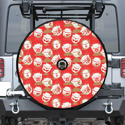 Japanese Lucky Cat Pattern Print Tire Cover With Camera Hole