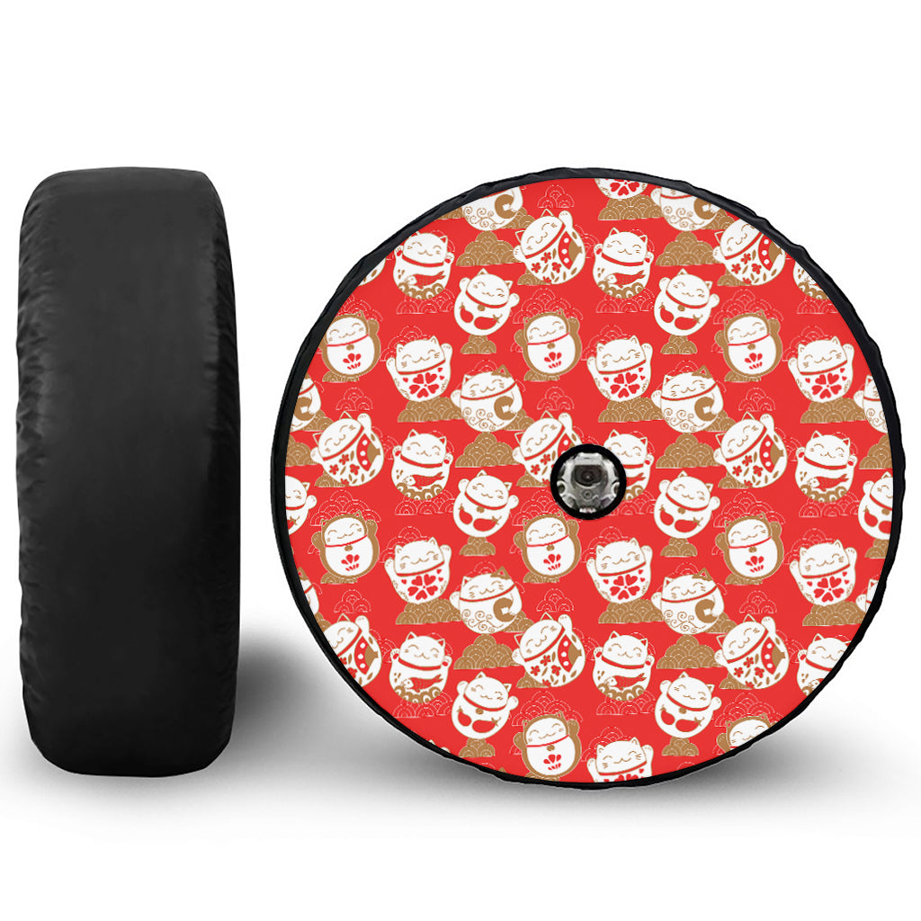 Japanese Lucky Cat Pattern Print Tire Cover With Camera Hole