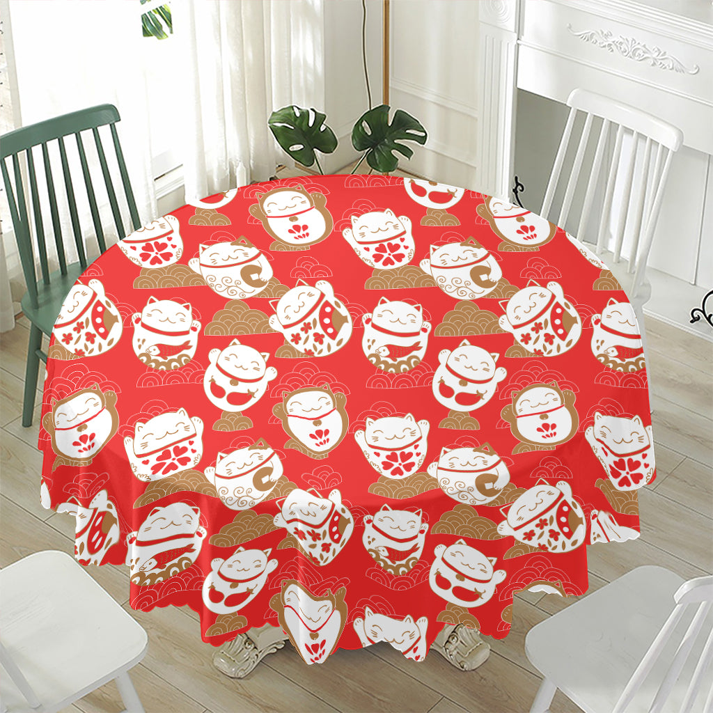Japanese Lucky Cat Pattern Print Waterproof Round Tablecloth