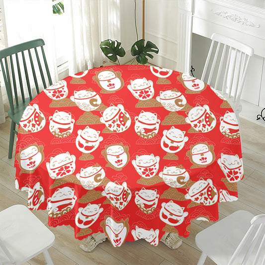 Japanese Lucky Cat Pattern Print Waterproof Round Tablecloth