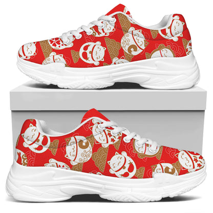 Japanese Lucky Cat Pattern Print White Chunky Shoes