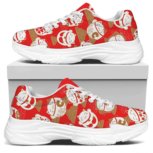 Japanese Lucky Cat Pattern Print White Chunky Shoes