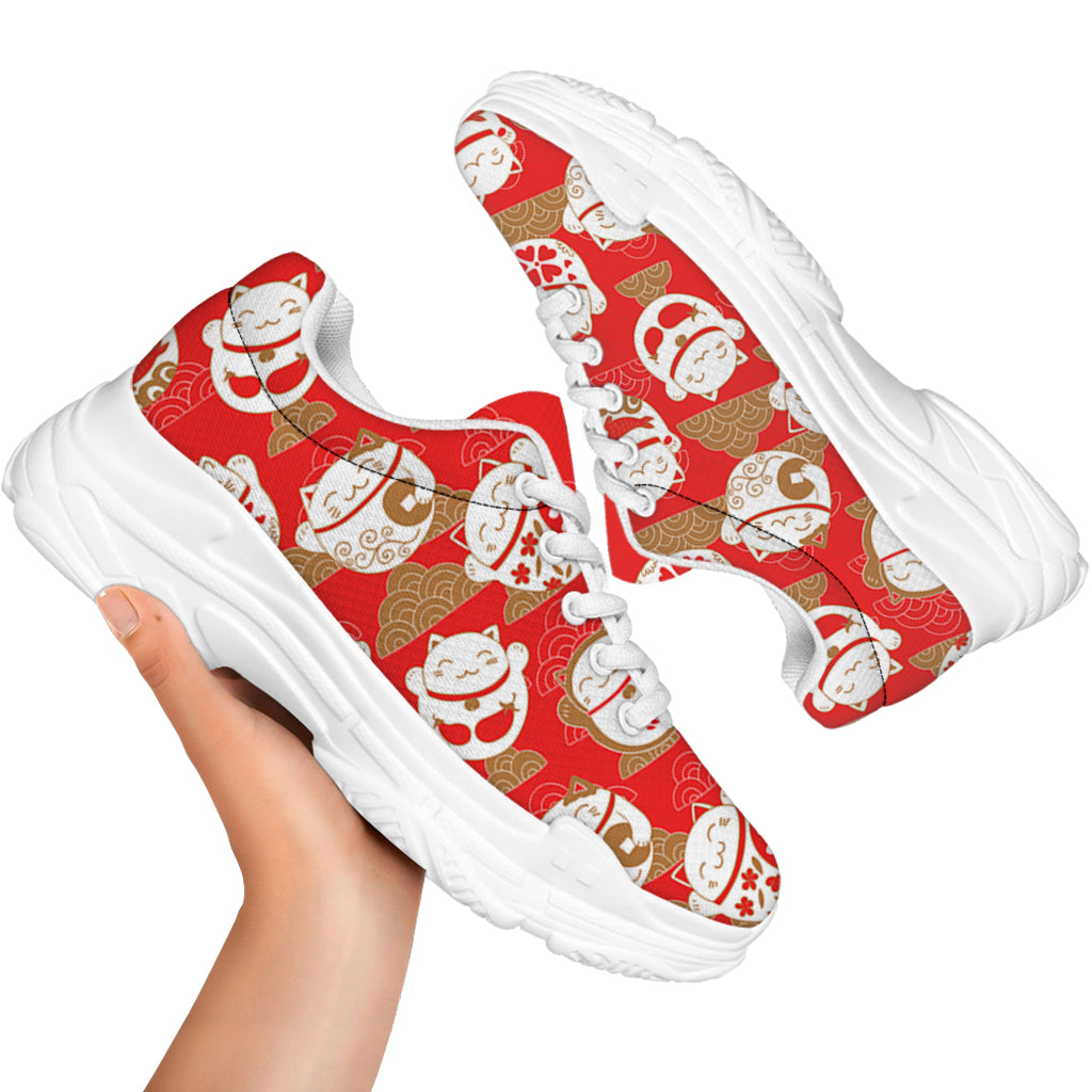 Japanese Lucky Cat Pattern Print White Chunky Shoes