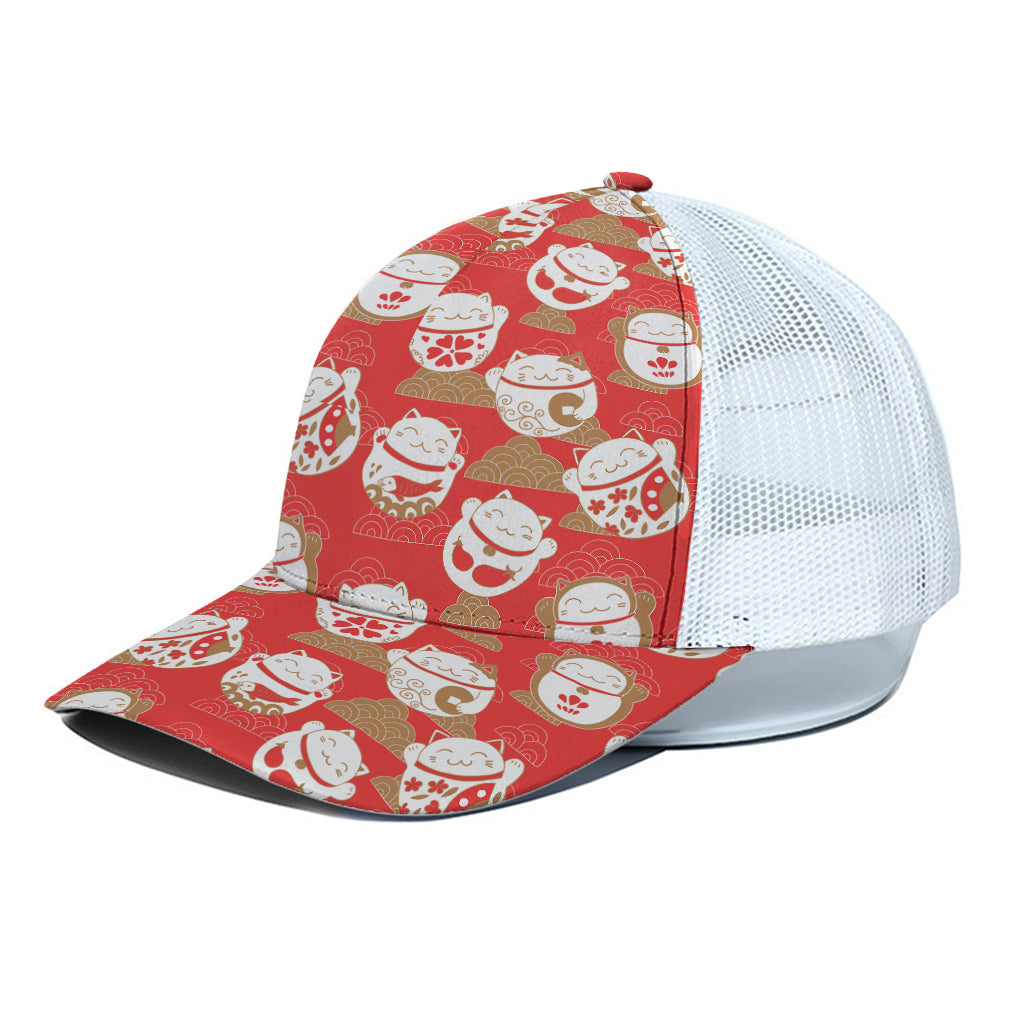 Japanese Lucky Cat Pattern Print White Mesh Trucker Cap