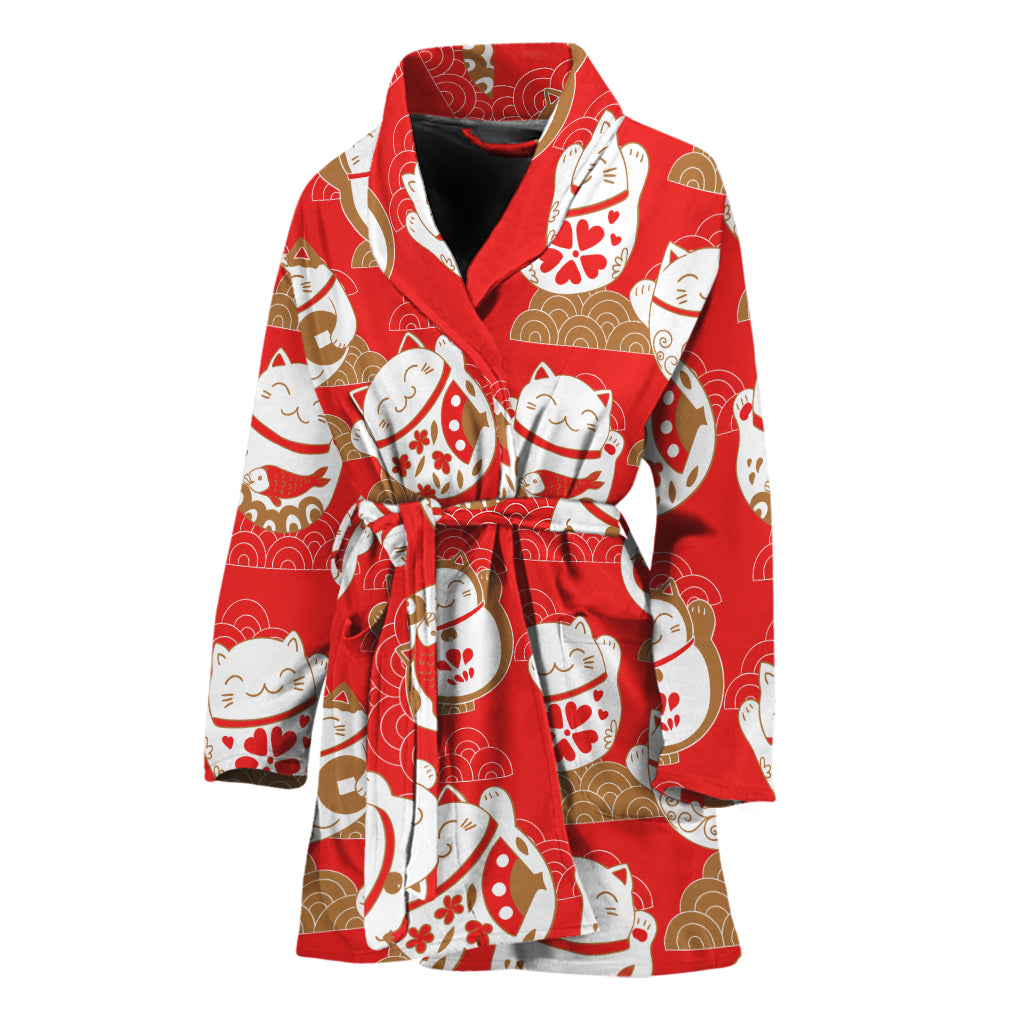 Japanese Lucky Cat Pattern Print Women's Bathrobe