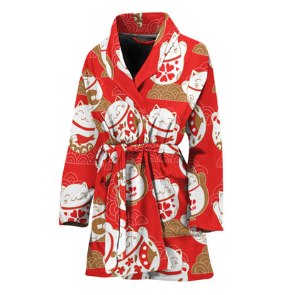 Japanese Lucky Cat Pattern Print Women's Bathrobe