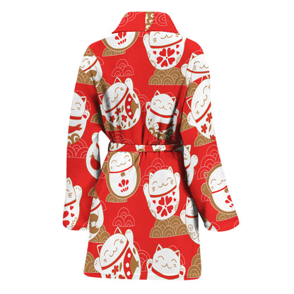 Japanese Lucky Cat Pattern Print Women's Bathrobe