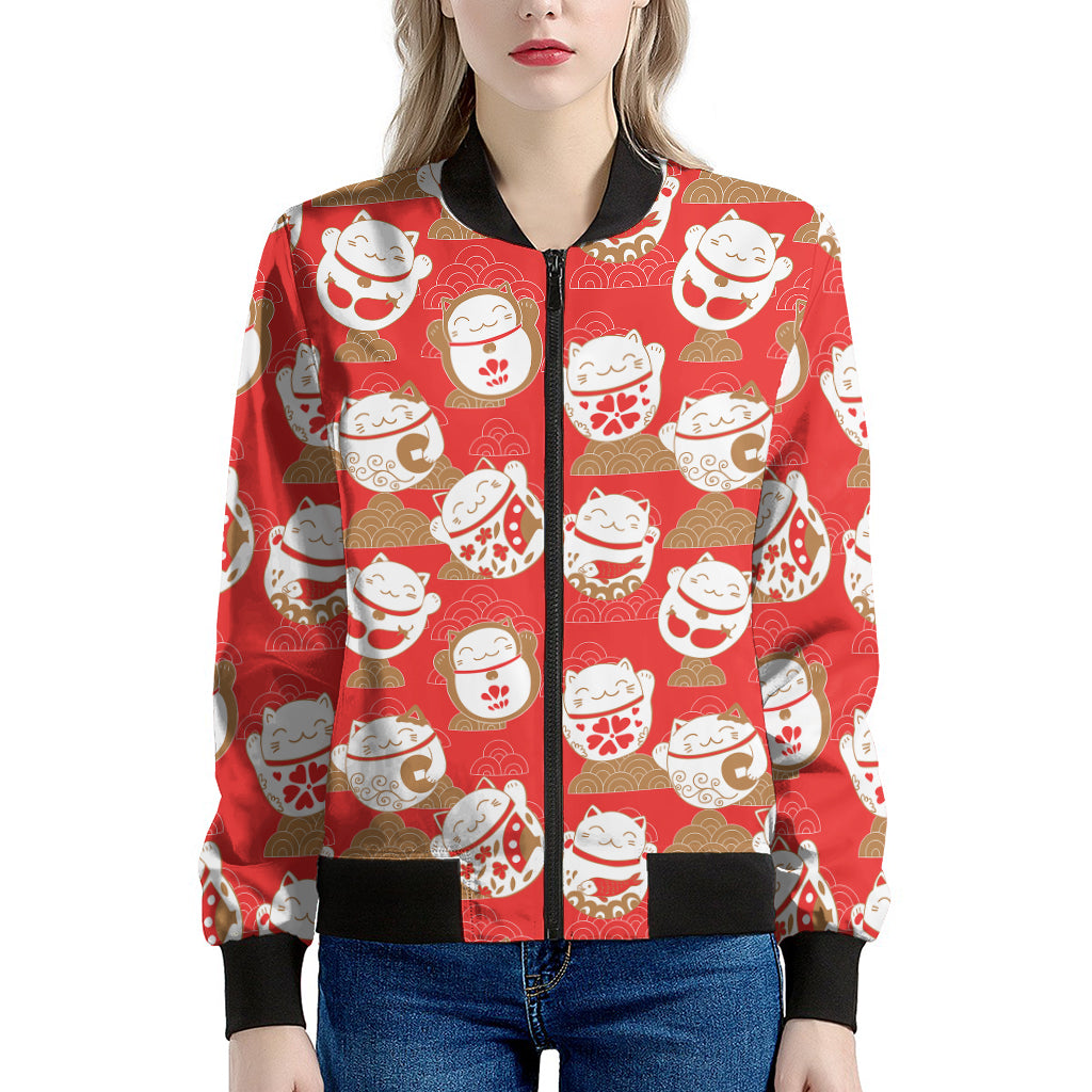 Japanese Lucky Cat Pattern Print Women's Bomber Jacket