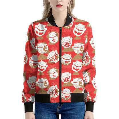 Japanese Lucky Cat Pattern Print Women's Bomber Jacket