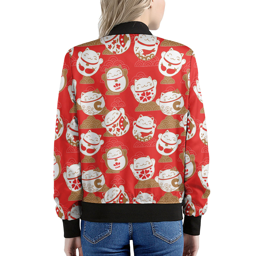 Japanese Lucky Cat Pattern Print Women's Bomber Jacket