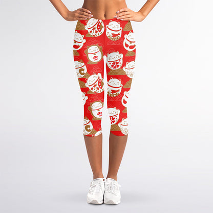 Japanese Lucky Cat Pattern Print Women's Capri Leggings