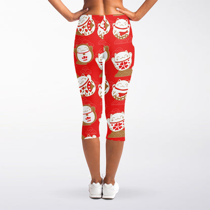 Japanese Lucky Cat Pattern Print Women's Capri Leggings