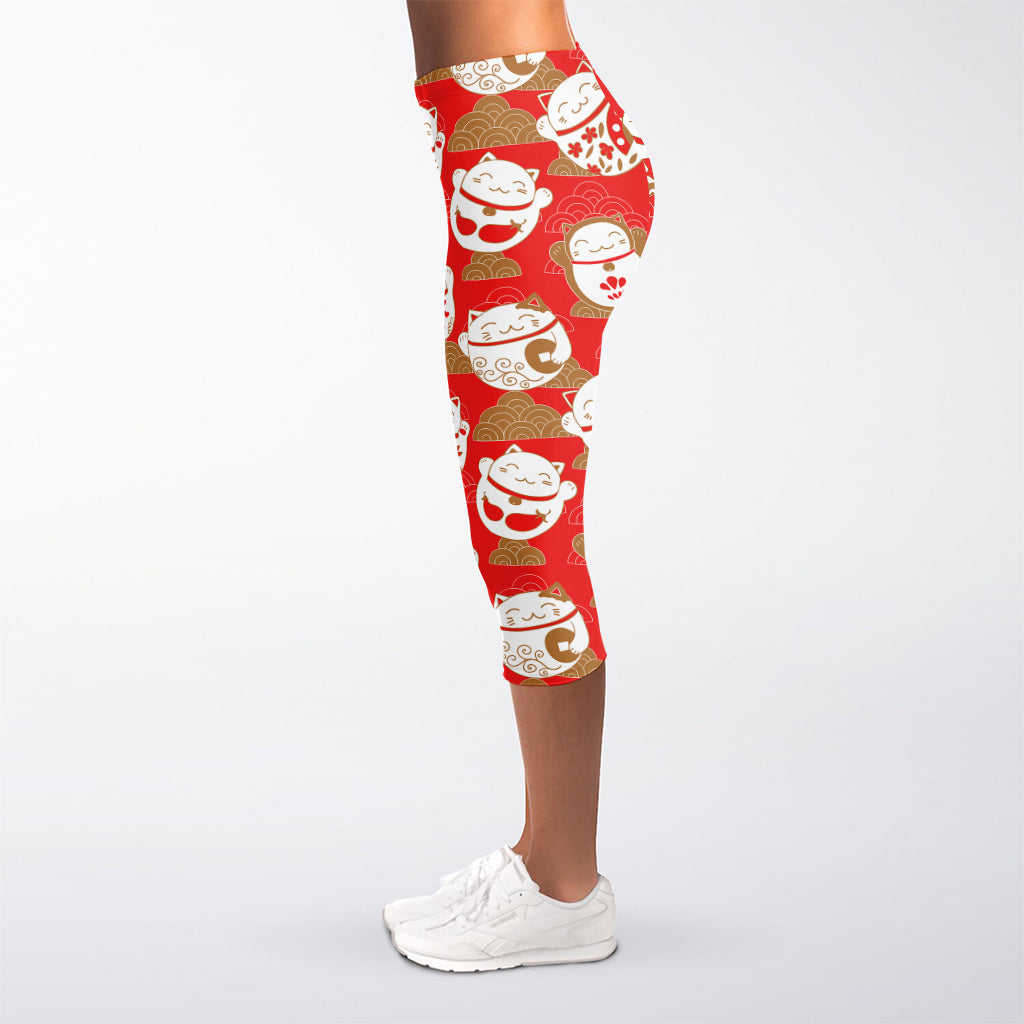 Japanese Lucky Cat Pattern Print Women's Capri Leggings