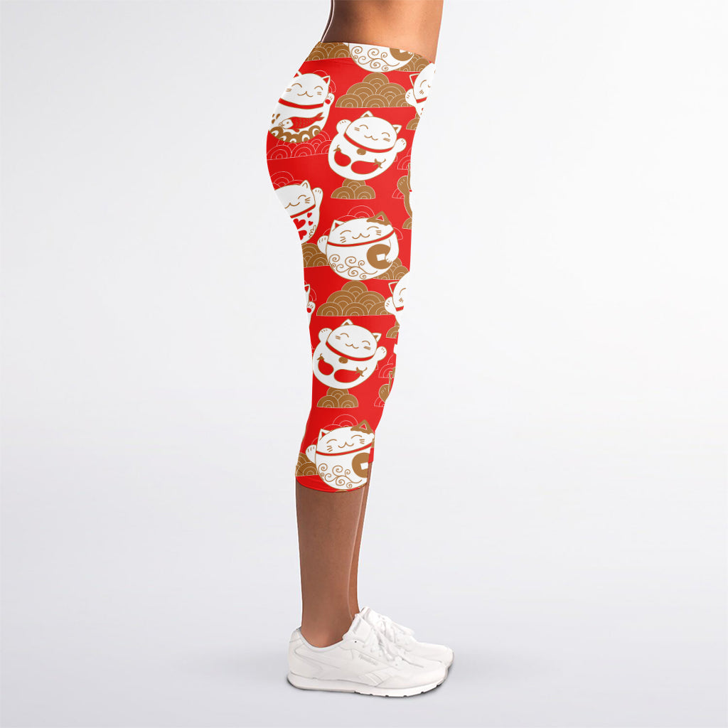 Japanese Lucky Cat Pattern Print Women's Capri Leggings