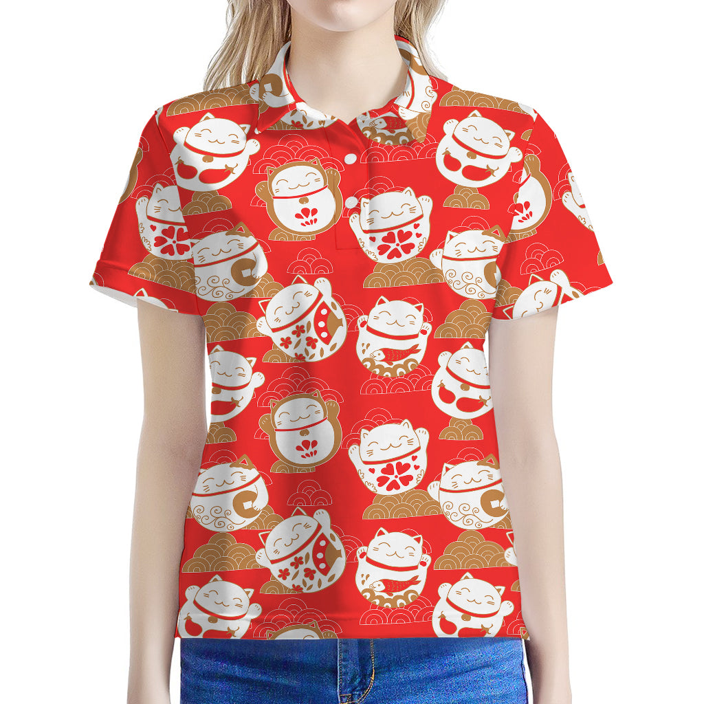 Japanese Lucky Cat Pattern Print Women's Polo Shirt