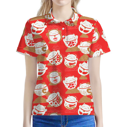Japanese Lucky Cat Pattern Print Women's Polo Shirt