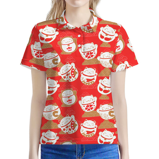 Japanese Lucky Cat Pattern Print Women's Polo Shirt