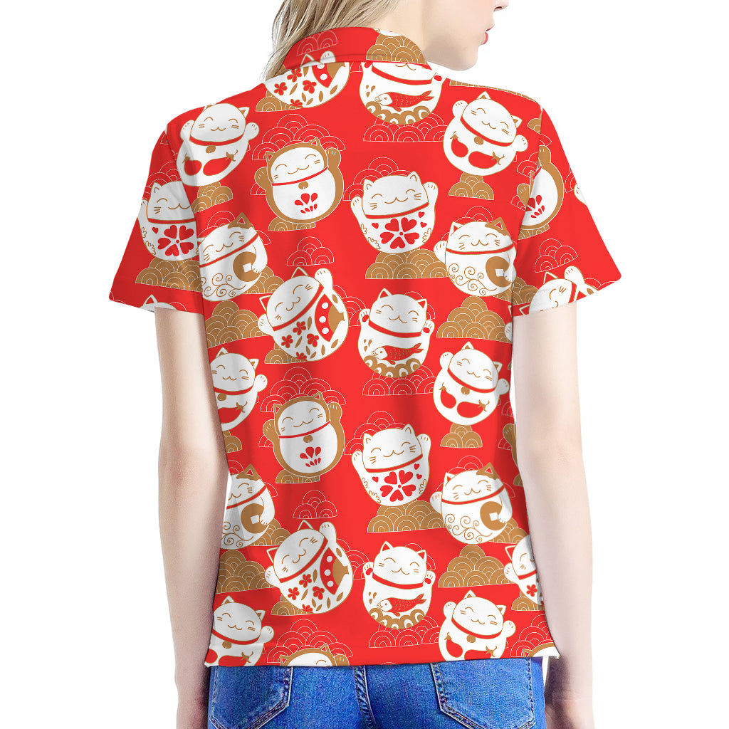 Japanese Lucky Cat Pattern Print Women's Polo Shirt