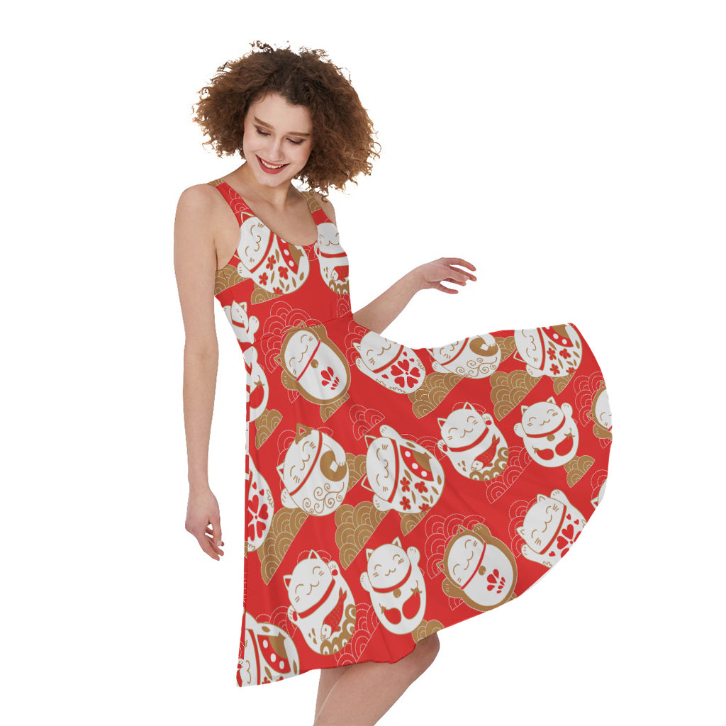Japanese Lucky Cat Pattern Print Women's Sleeveless Dress