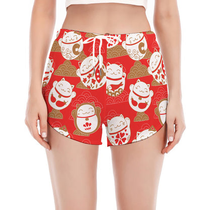 Japanese Lucky Cat Pattern Print Women's Split Running Shorts