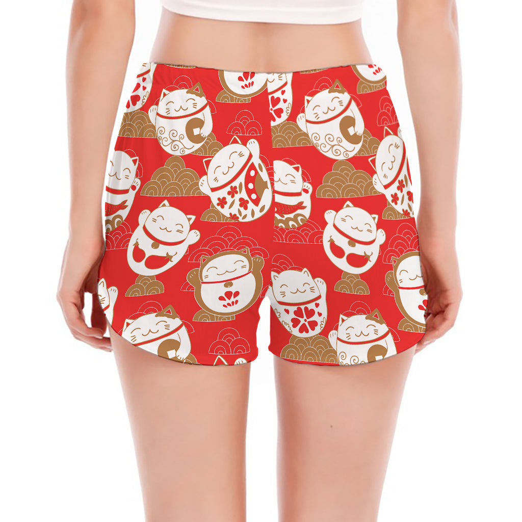 Japanese Lucky Cat Pattern Print Women's Split Running Shorts