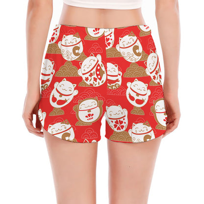 Japanese Lucky Cat Pattern Print Women's Split Running Shorts