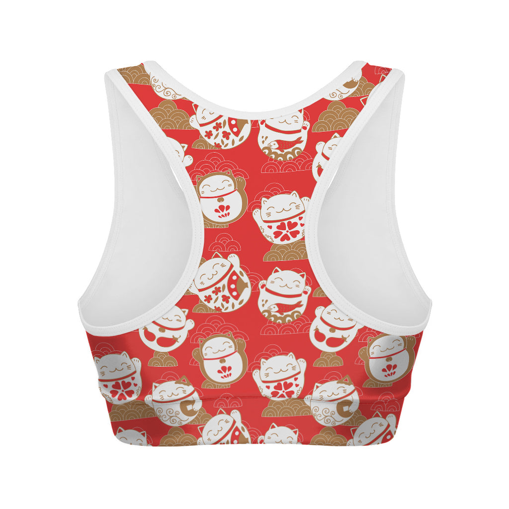 Japanese Lucky Cat Pattern Print Women's Sports Bra