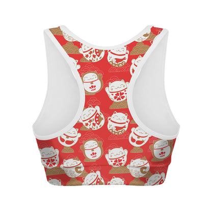 Japanese Lucky Cat Pattern Print Women's Sports Bra