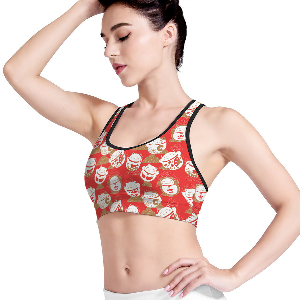 Japanese Lucky Cat Pattern Print Women's Sports Bra