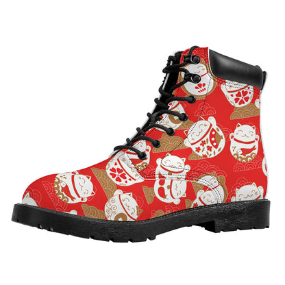 Japanese Lucky Cat Pattern Print Work Boots