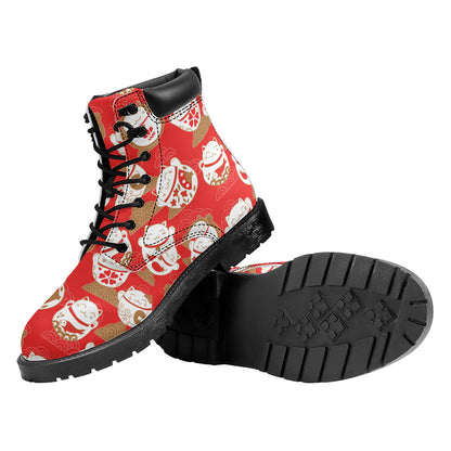 Japanese Lucky Cat Pattern Print Work Boots