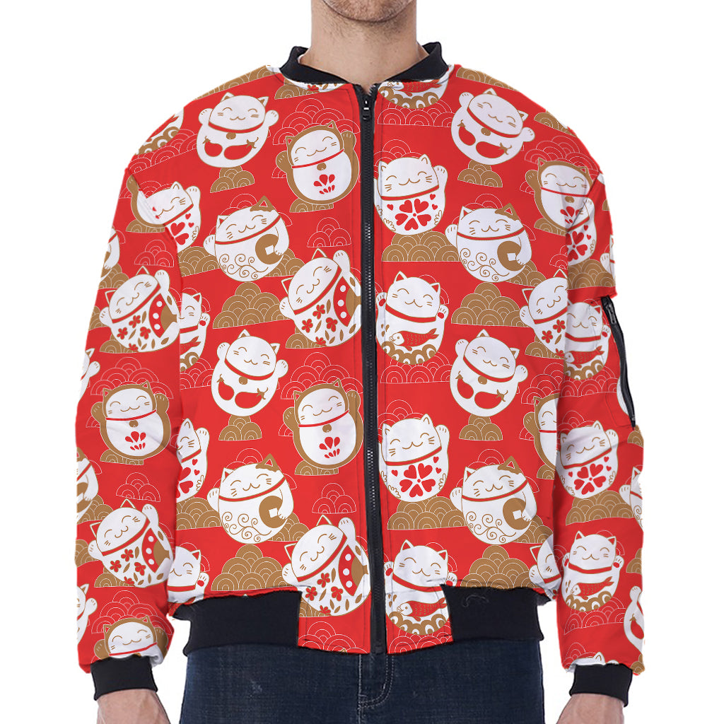 Japanese Lucky Cat Pattern Print Zip Sleeve Bomber Jacket