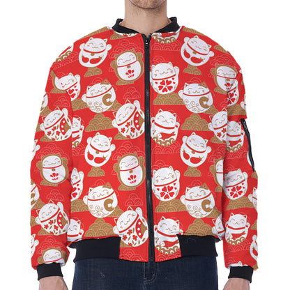 Japanese Lucky Cat Pattern Print Zip Sleeve Bomber Jacket