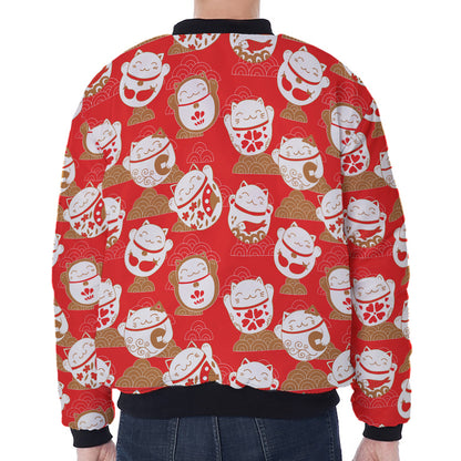 Japanese Lucky Cat Pattern Print Zip Sleeve Bomber Jacket