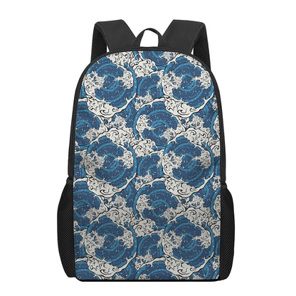Japanese Ocean Wave Pattern Print 17 Inch Backpack