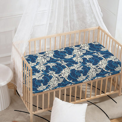 Japanese Ocean Wave Pattern Print Baby Crib Sheet