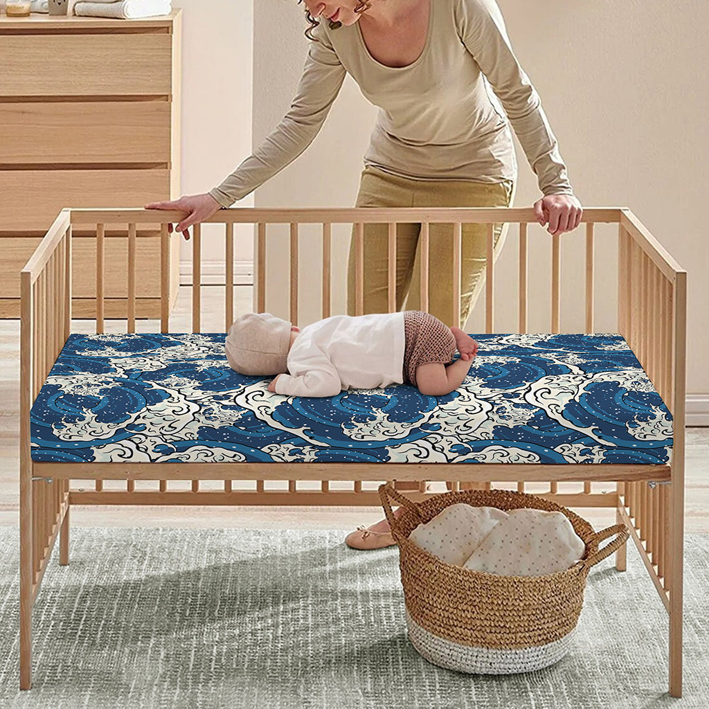 Japanese Ocean Wave Pattern Print Baby Crib Sheet