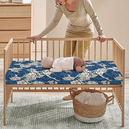 Japanese Ocean Wave Pattern Print Baby Crib Sheet