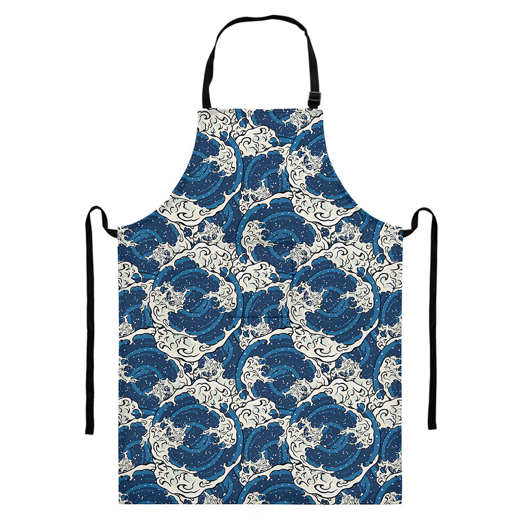 Japanese Ocean Wave Pattern Print Bib Apron With Pocket