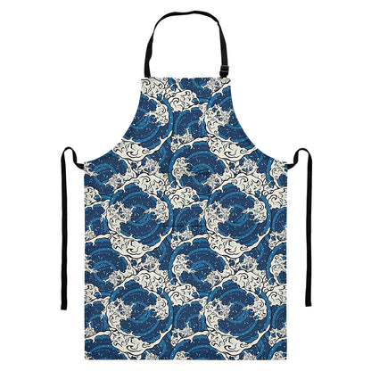 Japanese Ocean Wave Pattern Print Bib Apron With Pocket
