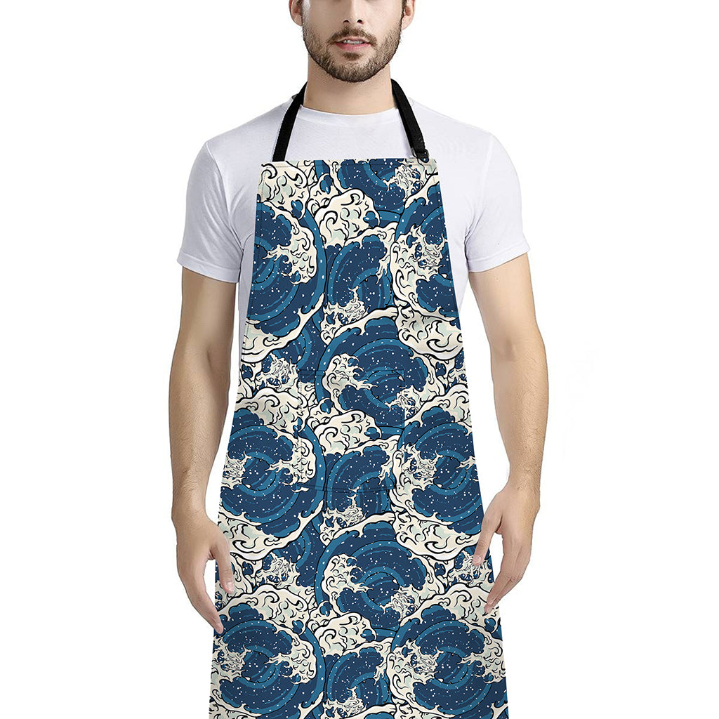 Japanese Ocean Wave Pattern Print Bib Apron With Pocket