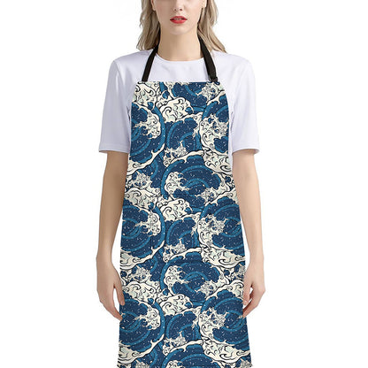 Japanese Ocean Wave Pattern Print Bib Apron With Pocket