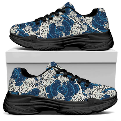 Japanese Ocean Wave Pattern Print Black Chunky Shoes