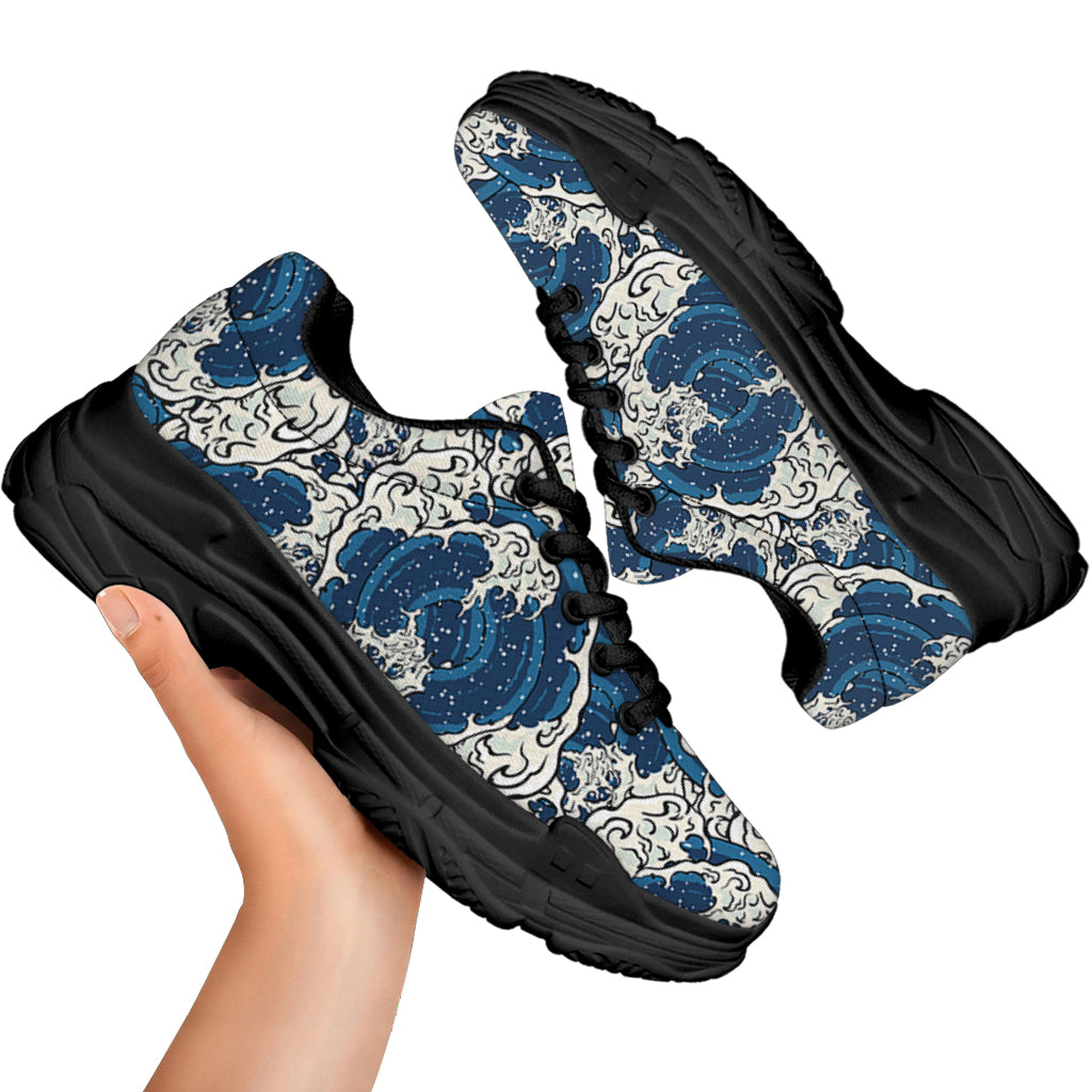 Japanese Ocean Wave Pattern Print Black Chunky Shoes
