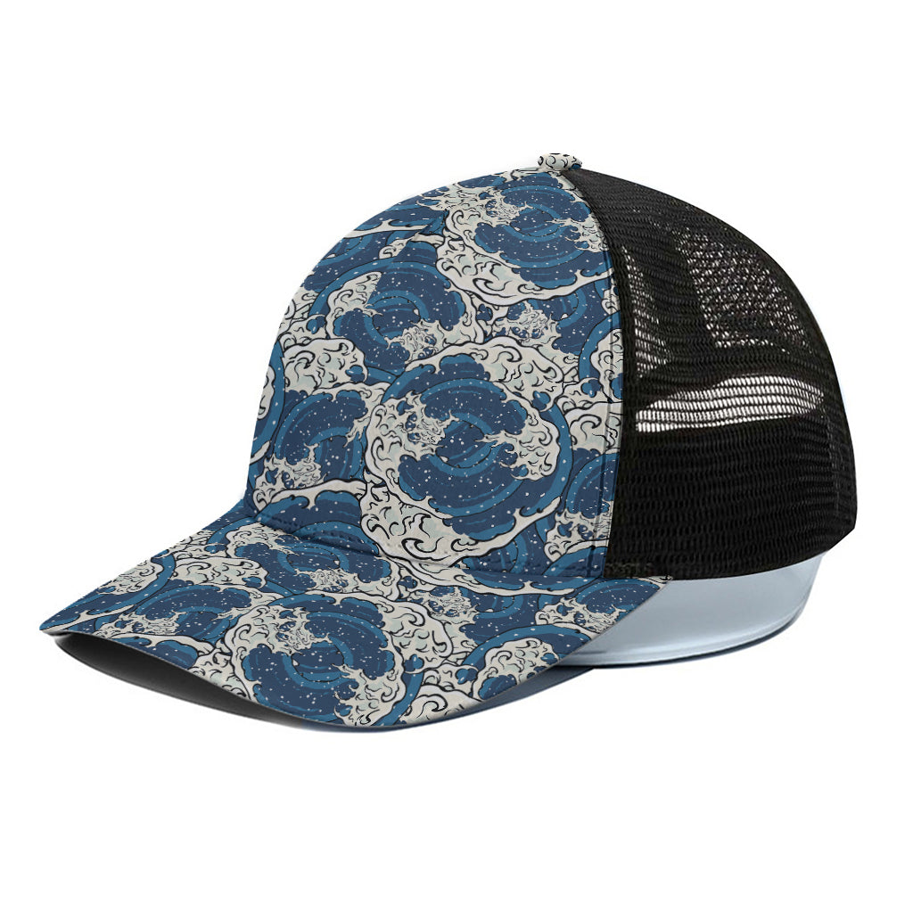 Japanese Ocean Wave Pattern Print Black Mesh Trucker Cap