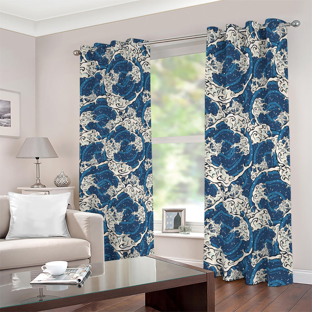 Japanese Ocean Wave Pattern Print Blackout Grommet Curtains