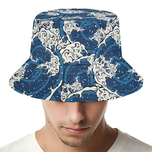 Japanese Ocean Wave Pattern Print Bucket Hat