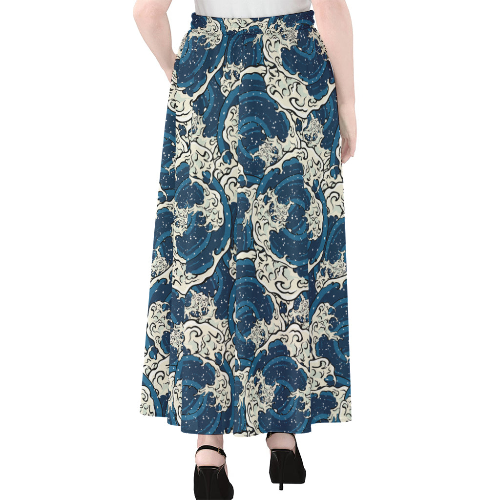 Japanese Ocean Wave Pattern Print Chiffon Maxi Skirt