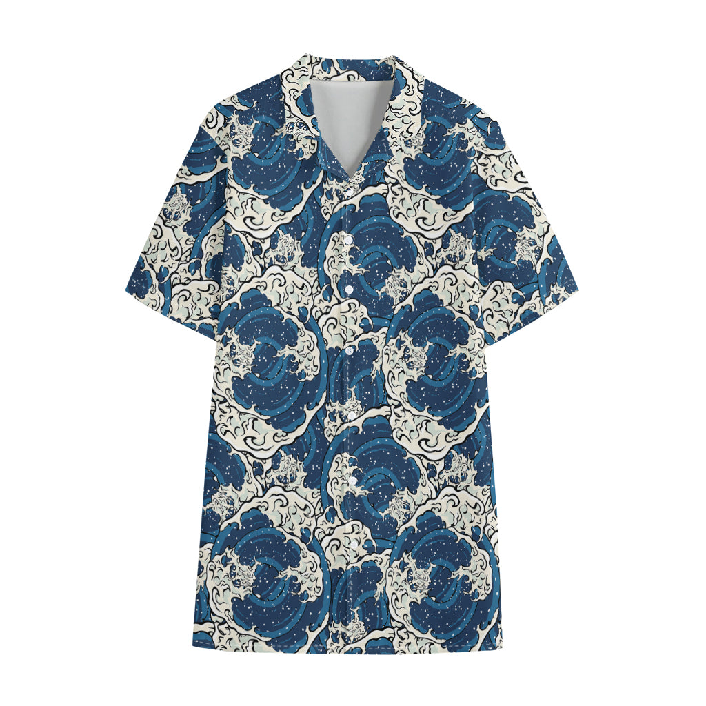 Japanese Ocean Wave Pattern Print Cotton Hawaiian Shirt